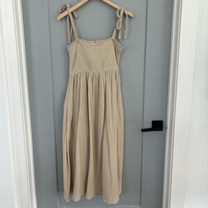 Tan Smocked Midi Sundress